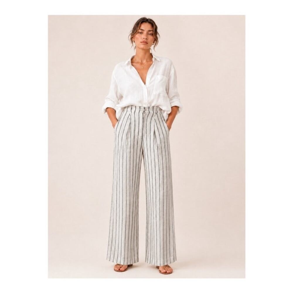 Old Navy Taylor Extra High Rise Wide Leg Pants Trouser XXL White Striped Linen